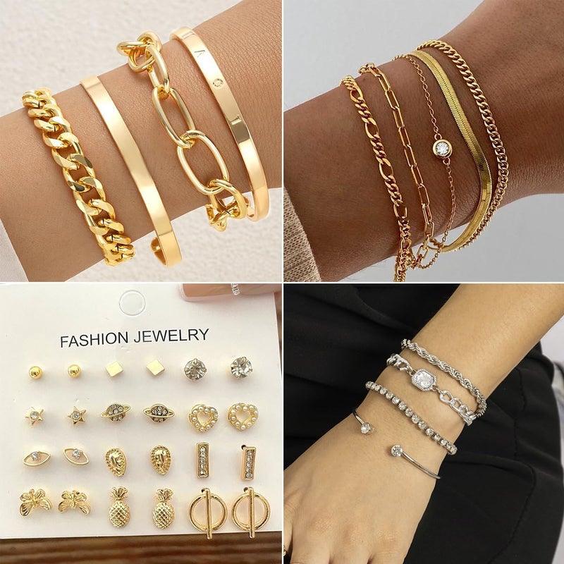 CONGYING 73 Pcs Gold Jewelry Set with 6Pcs Layered Necklace, 11 Pcs anklet and 7Pcs Earring Ear Cuff,12Hoop Earrings ,15pcs Rings,21pcs stud earrings Jewerly set for Women Pack for Friendship Party Gift - Image 3